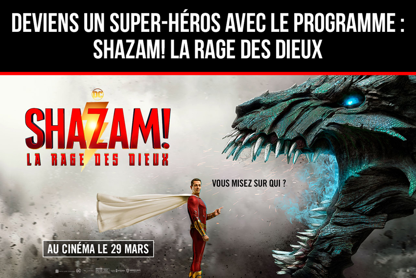 Affiche de cinéma du film Shazam 2 qui sortira au cinéma le 29 mars 2023. Affiche représensant le héros billy face au dragon et à la problématique des 7 péchés capitaux