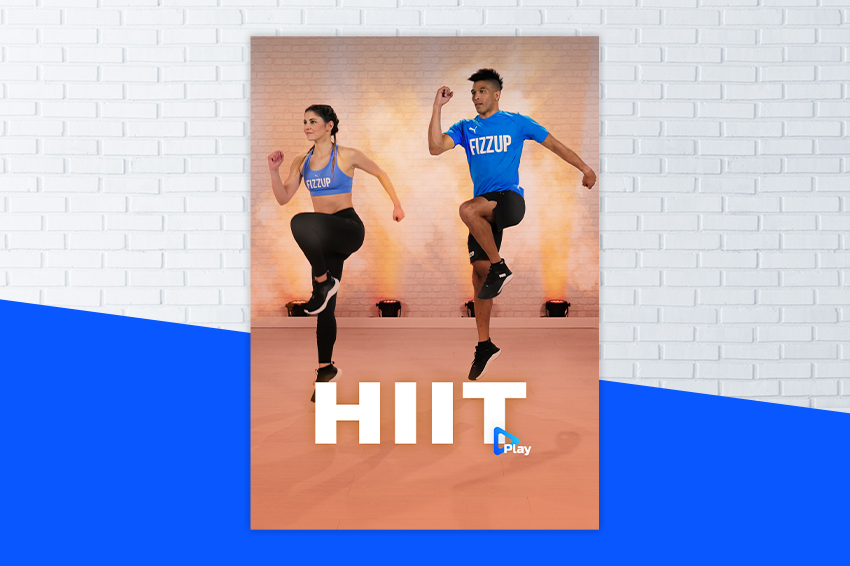 Affiche du programme HIIT avec 2 coachs FizzUp en train de réaliser un exercice sauté 