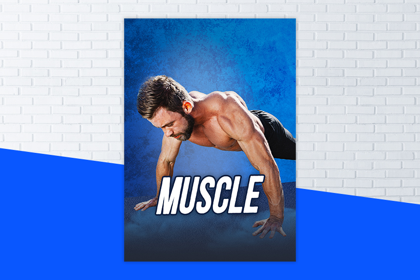 Affiche du programme MUSCLE avec un homme musclé torse nu en position de pompe pour muscler ses pectoraux