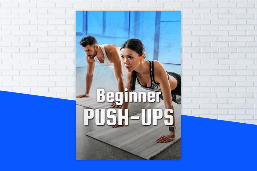 Affiche du programme BEGINNER PUSH-UPS avec deux personnes chez elles sur leur tapis de fitness en position de pompe