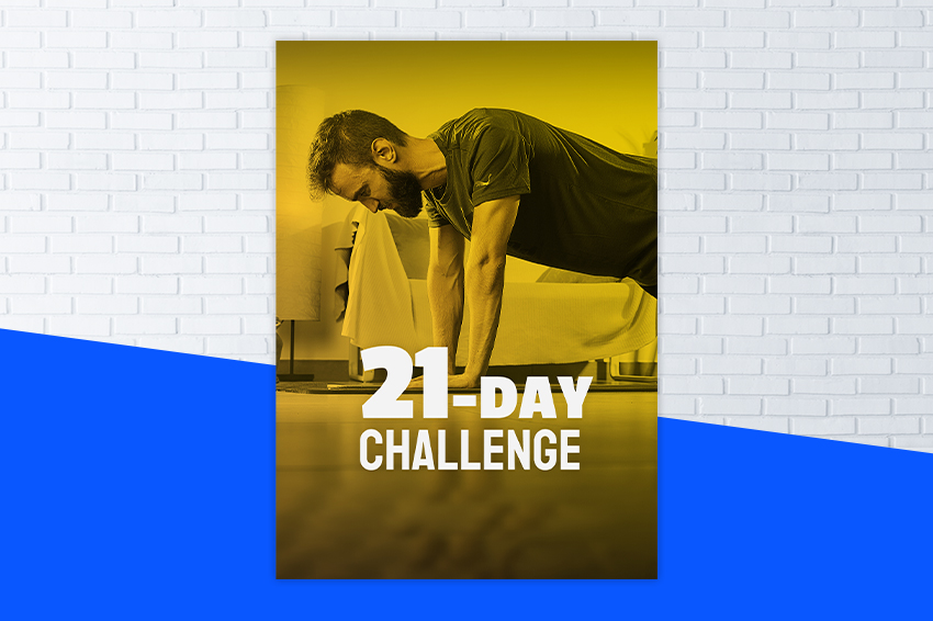 Affiche du programme sportif en ligne 21 DAY CHALLENGE avec un sportif en train de regarder son exercice sur son téléphone en position de planche bras tendus