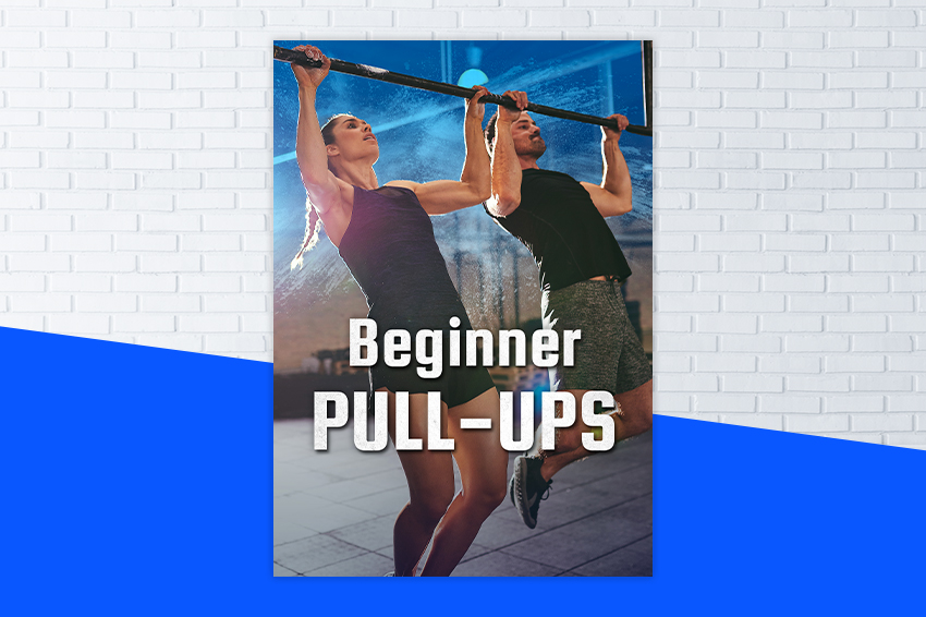 Affiche du programme BEGINNER PULL-UPS avec un homme et une femme dans une salle de sport à domicile en train de faire des tractions sur une barre pour se muscler au poids de corps