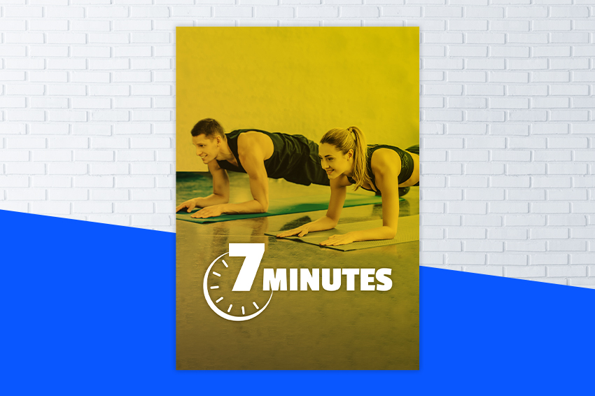 Affiche du programme 7 minutes avec deux sportifs en position de planche sur les avant-bras sur un tapis de fitness
