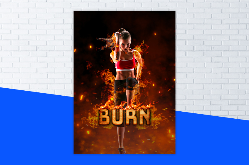 Affiche du programme BURN avec une femme faisant des montées de genoux pour brûler des calories