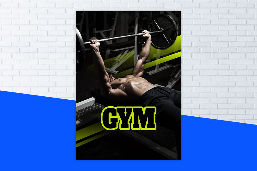 Affiche du programme GYM avec un homme musclé torse nu faisant du développé couché avec une barre de musculation 