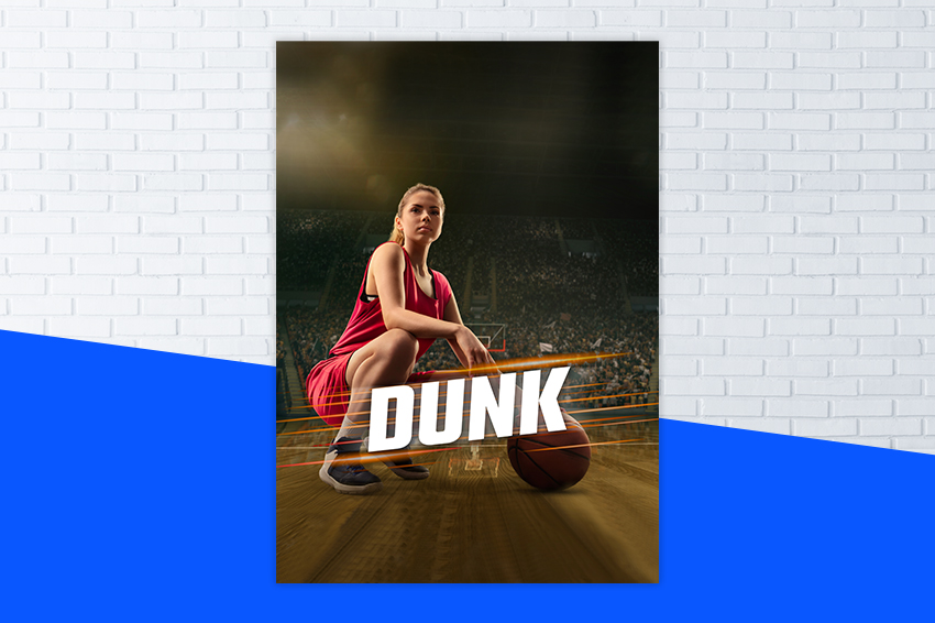 Affiche du programme DUNK avec une basketteuse sur un terrain de basket