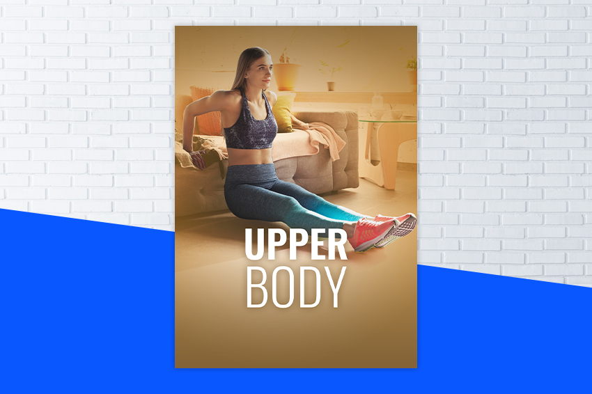 Affiche du programme UPPER BODY avec une femme faisant des dips en appui sur son canapé dans son salon pour éviter d'avoir les bras qui pendent