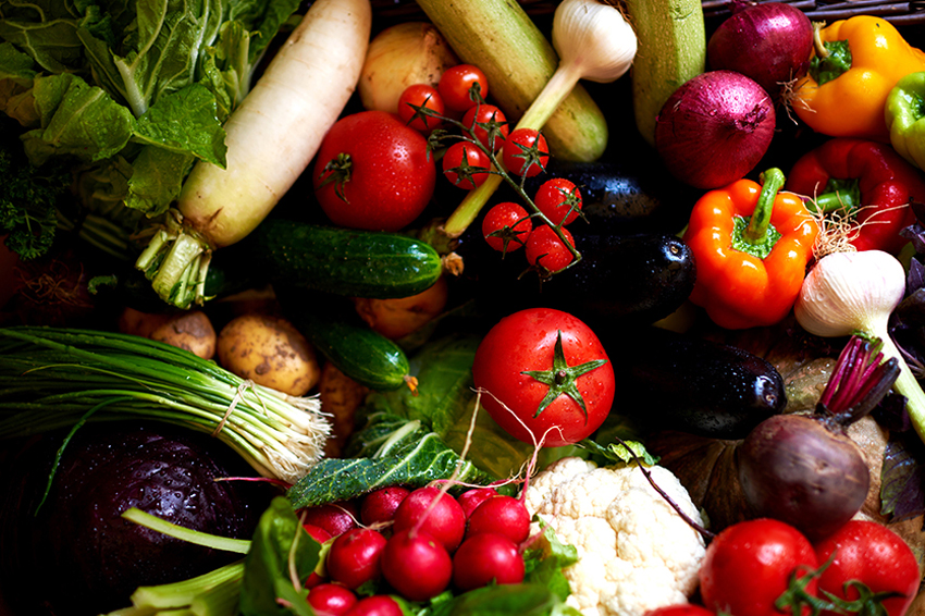 Différents légumes comme des courgettes, radis, choux fleur, aubergines, poivrons, betteraves, navets, salades, radis noir...