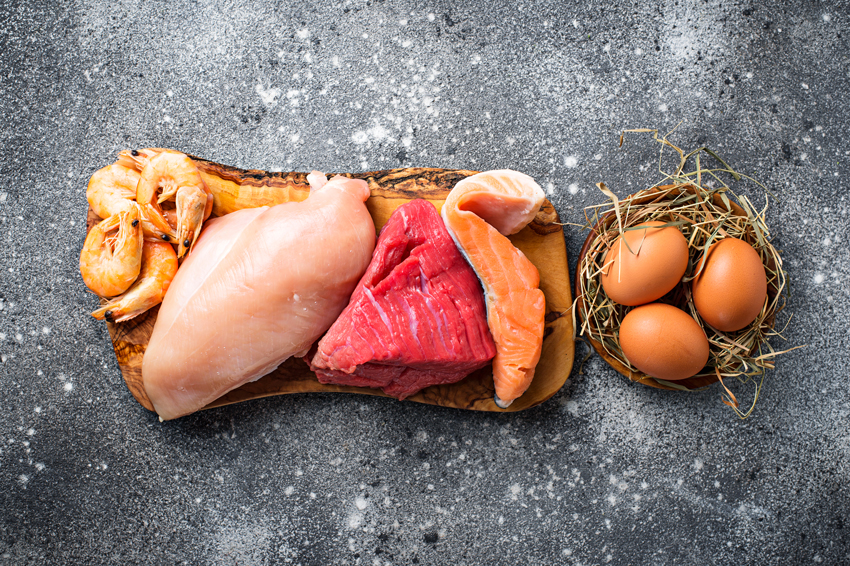 Aliments riches en protéines comme le poulet, le saumon, les crevettes et les oeufs 