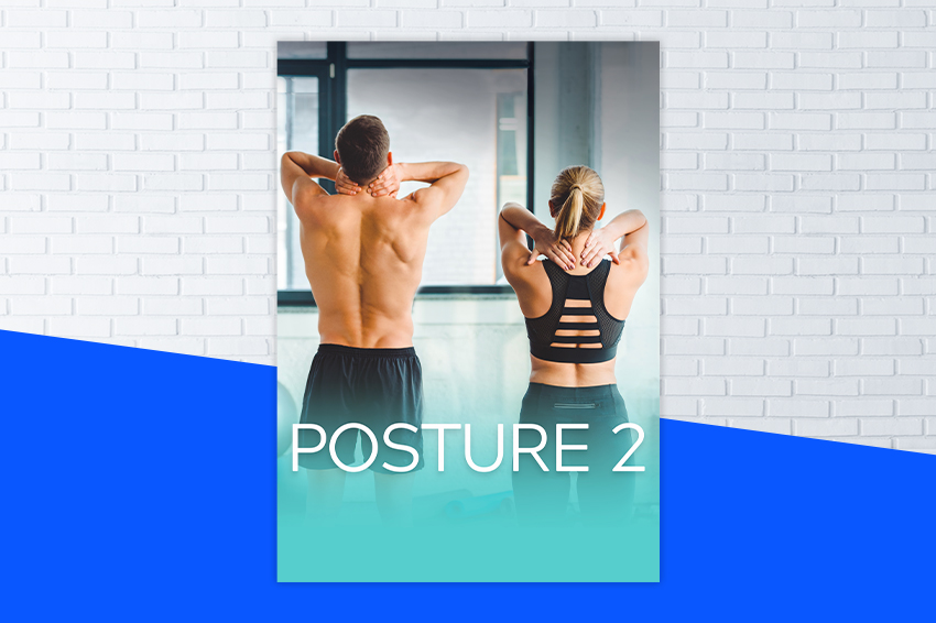 Affiche du programme POSTURE 2 avec deux personnes dans leur salle de sport à domicile faisant des exercices pour soulager leur mal de dos