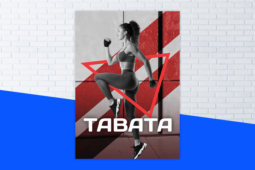 Affiche du programme TABATA avec une femme faisant des montées de genoux pour brûler des graisses