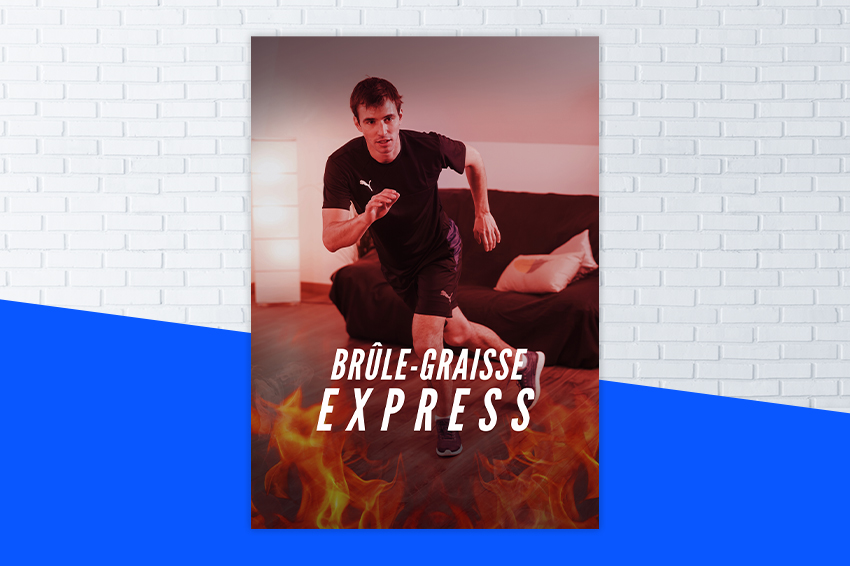 Affiche du programme BRÛLE-GRAISSE EXPRESS avec un homme faisant l'exercice du patineur dans son salon