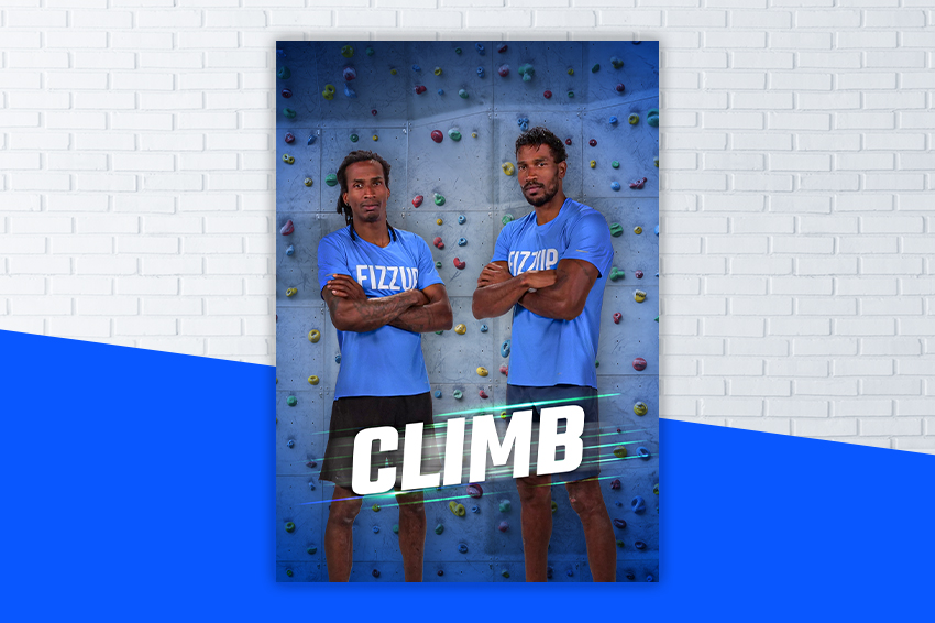 Affiche du programme Climb de FizzUp : un programme d'entrainement pour progresser en escalade réalisé en collaboration avec les frères Mawem, champion d'escalade.