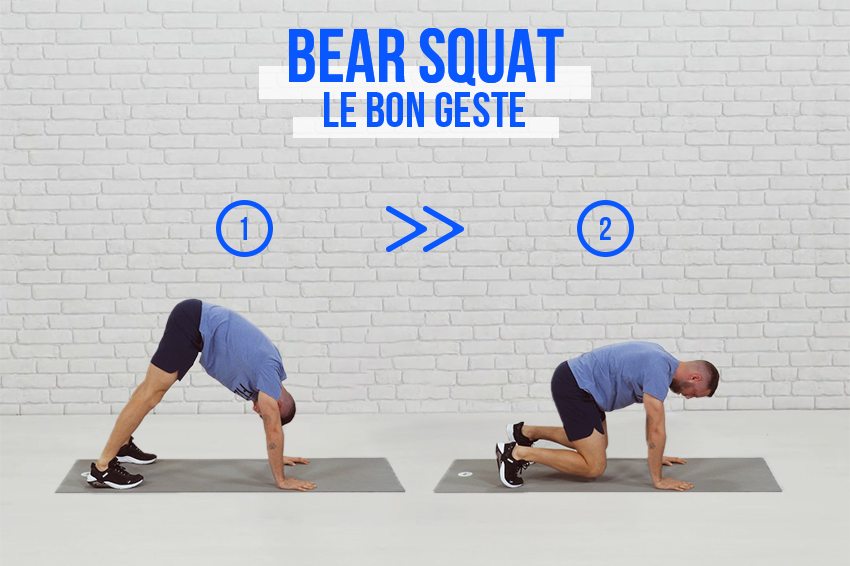 Coach sportif montrant le bon geste à adopter pour réaliser un Bear squat.