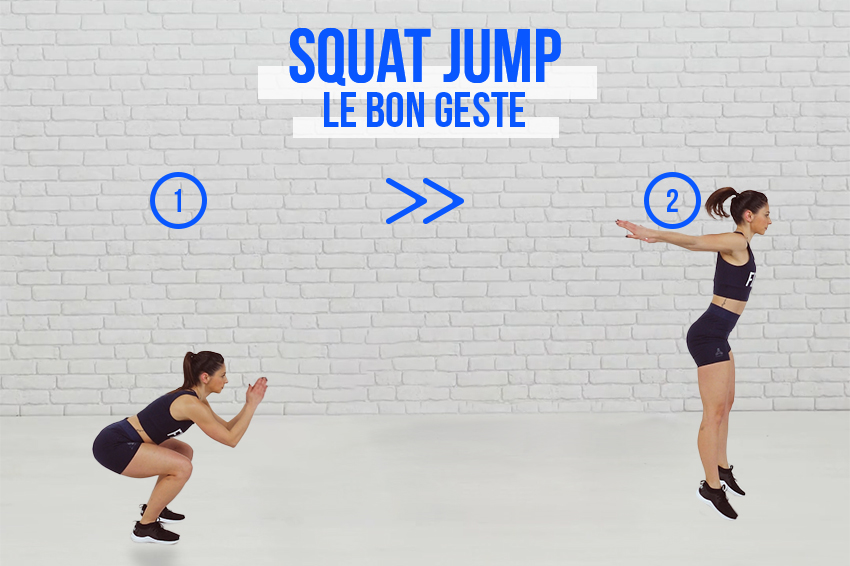 Coach sportif montrant le bon geste à exécuter pour l'exercice du squat jump.