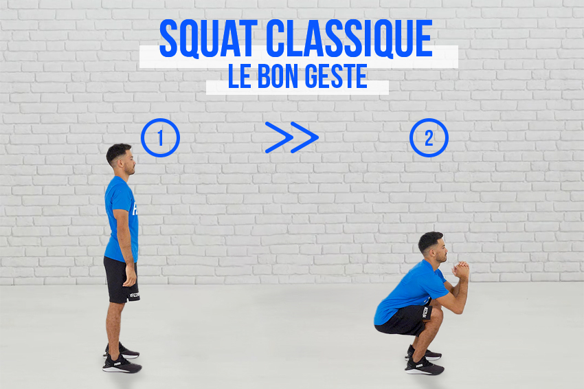 Coach sportif montrant le bon geste à réaliser pour l'exercice du squat classique.