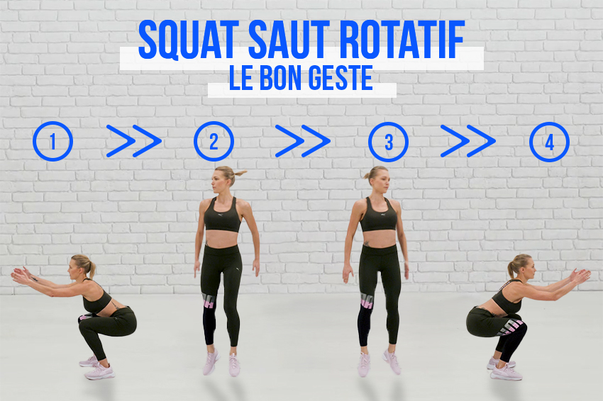 Coach sportif montrant le bon geste à réaliser pour l'exercice du squat saut rotatif.