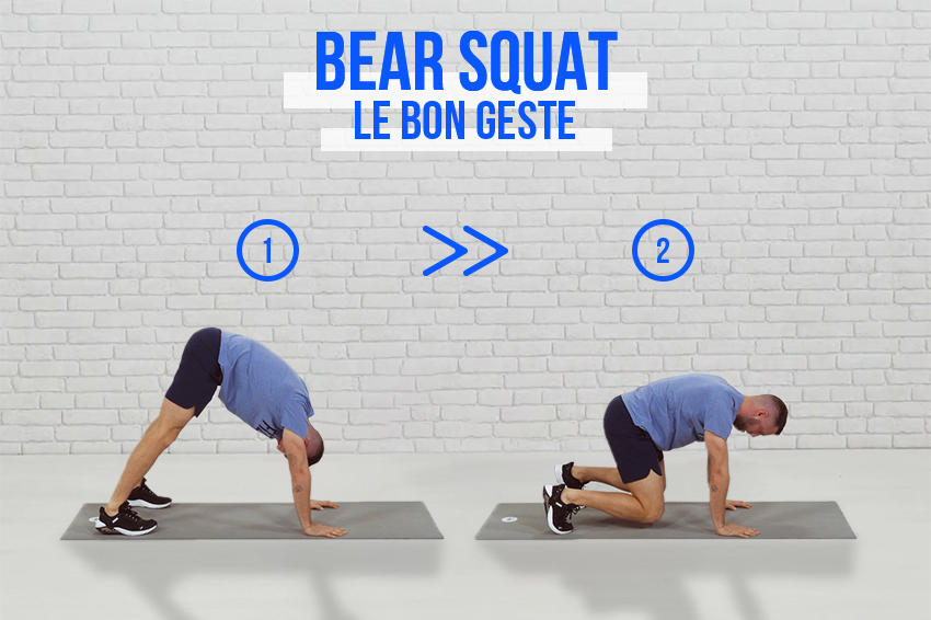 Coach sportif montrant le bon geste à réaliser pour l'exercice du Bear squat.