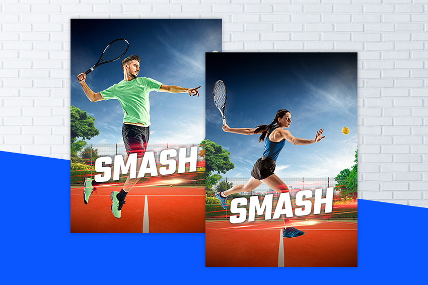 Affiche homme et femme jouant au tennis pour le programme Smash de FizzUp.