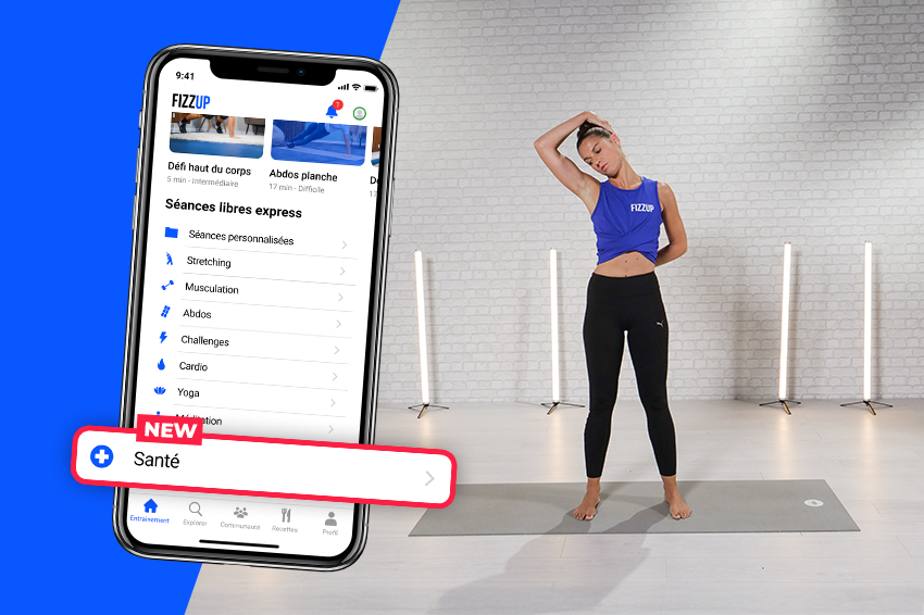 Une femme en tenue de sport, effectuant un étirement latéral du cou sur un tapis de sport. À gauche, un smartphone affiche l’application FizzUp avec une nouvelle section “Santé” mise en avant. Cette image illustre l’ajout de séances adaptées aux blessures et fragilités physiques, conçues avec l’expertise d’une kinésithérapeute.