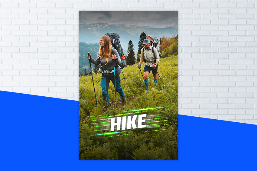 Affiche du programme Hike de FizzUp où l'on voit 2 personnes en train de randonner en montagne