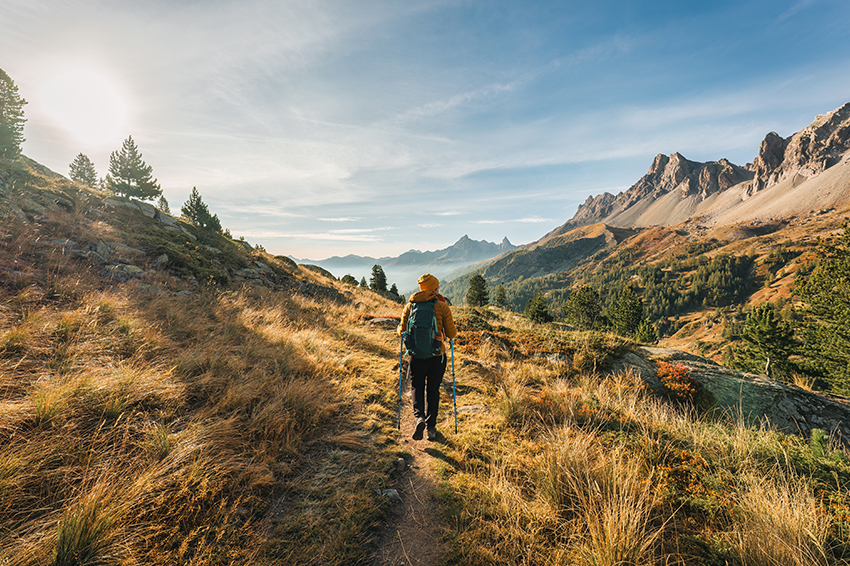 Un homme de dos faisant une randonnée en montagne