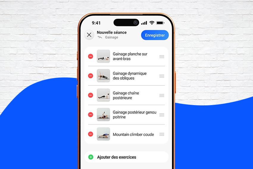Écran de l’app FizzUp montrant une séance de gainage avec Gainage planche, Gainage dynamique des obliques, Gainage chaîne postérieure, Gainage postérieur genou-poitrine et Mountain climber coude.