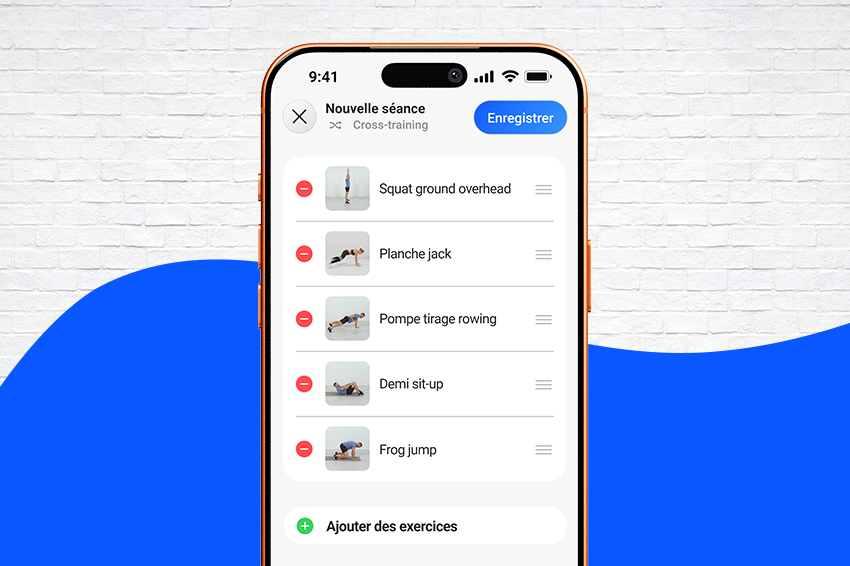 Écran de l’app FizzUp montrant une séance de Cross-training avec Squat ground overhead, Planche jack, Pompe tirage rowing, Demi sit-up et Frog jump.