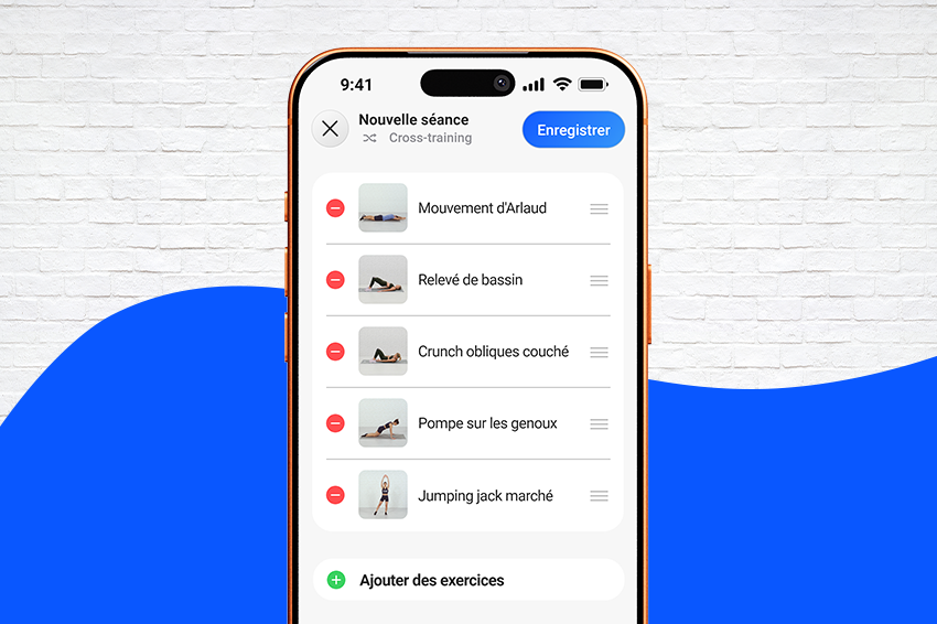 Écran de l’app FizzUp montrant une séance de Cross-training avec Mouvement d'Arlaud, Relevé de bassin, Crunch obliques couché, Pompe sur les genoux et Jumping jack marché.