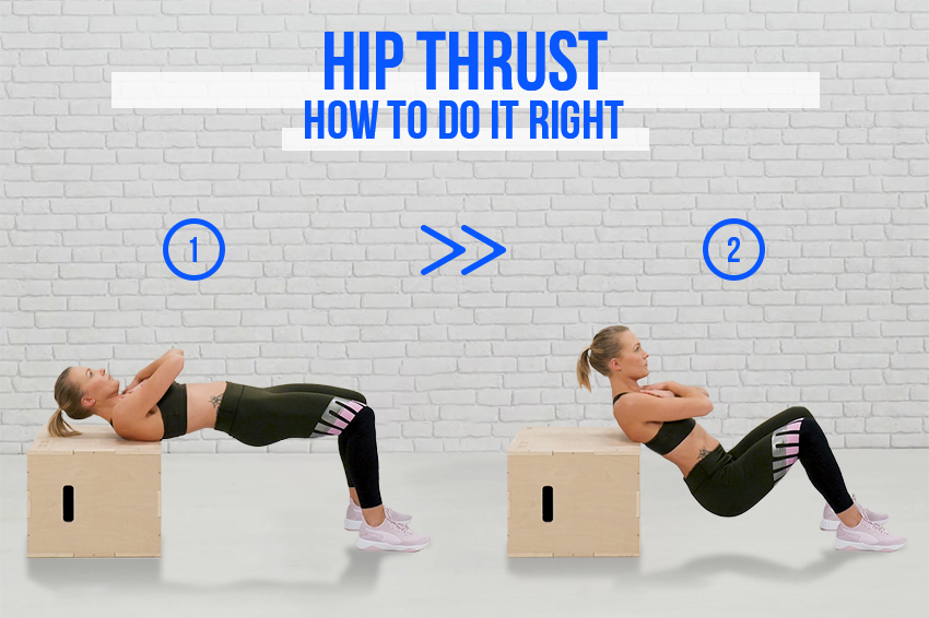 Girl performing hip thrust on a gym plyo box.