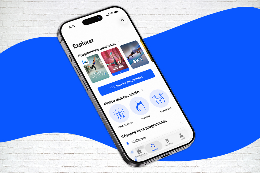 Écran de l'onglet Explorer sur l'application FizzUp montrant les programmes, la section Muscu express ciblée et les séances hors programmes