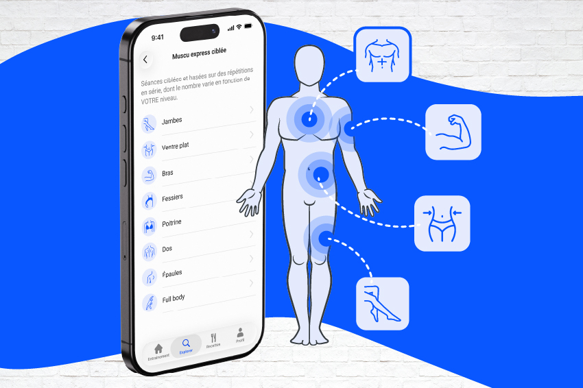 Menu Muscu express ciblée dans l'application FizzUp avec le choix des zones du corps : jambes, ventre plat, bras, fessiers, poitrine, dos, épaules et full body, illustré par une silhouette humaine